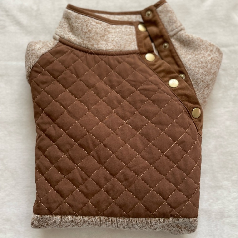 Brown Cream Knit Quilted Snap Marley Lilly Fall Winter Outerwear Pullover - Picture 4 of 5